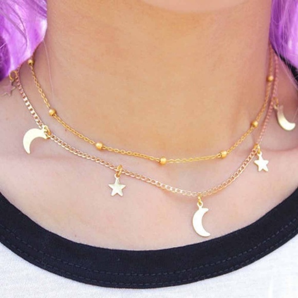 Jewelry - Gold Layered Moon & Stars Bib Choker Necklace